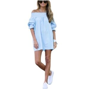 NWT ZARA Smocked Off Shoulder Chambray Shift Dress Sz XS
